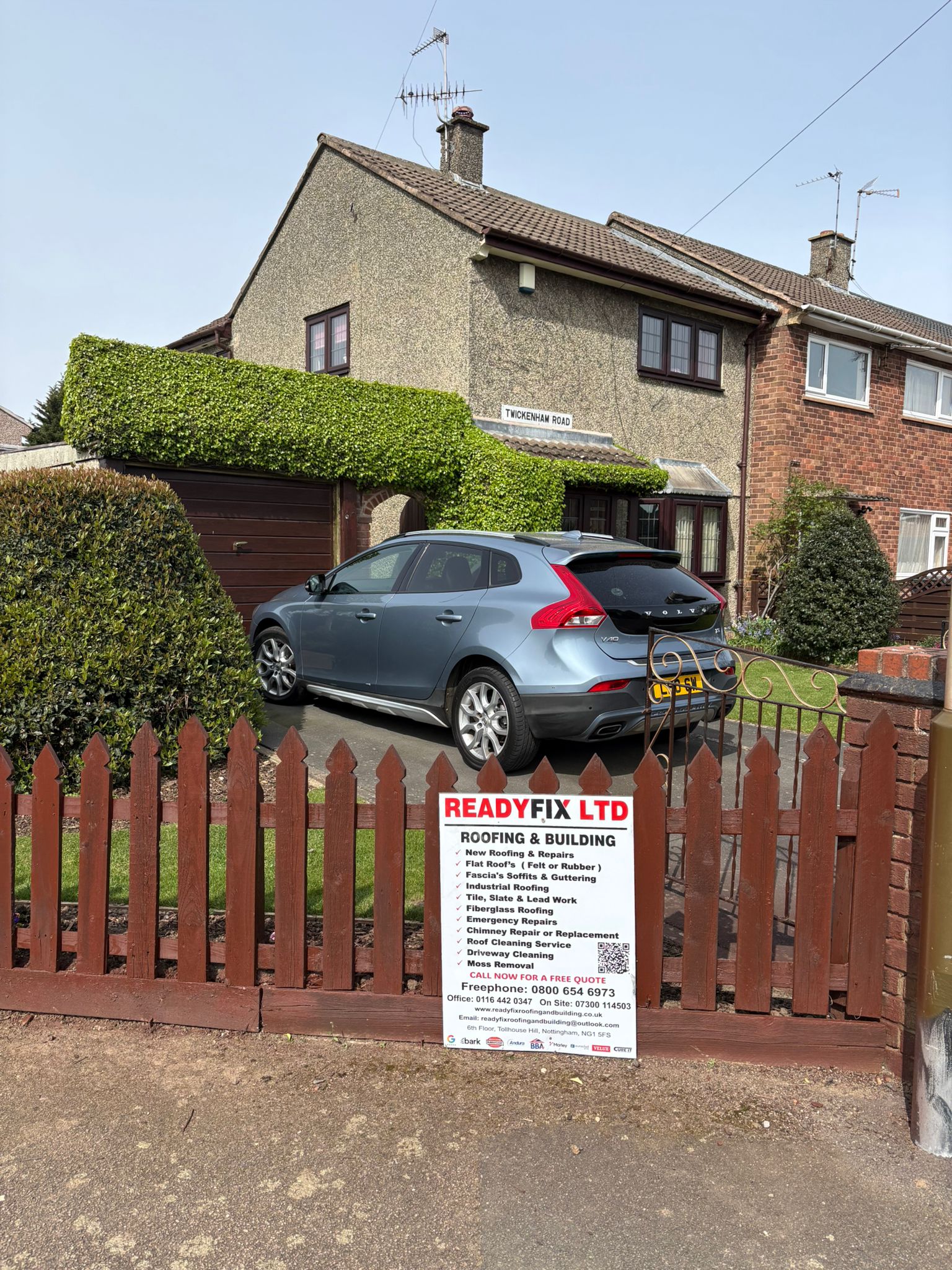 ReadyFix LTD branded project sign outside a customer property